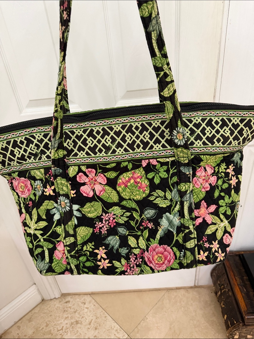Vera Bradley Black Quilted Floral Travel Tote with Pink and Green